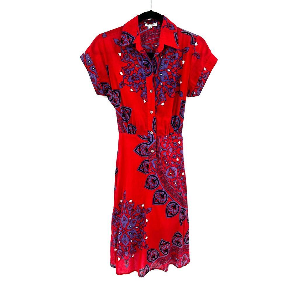 NIEVES LAVI Red Purple Paisley Print Light Cotton Button Up Knee Length Dress 6
